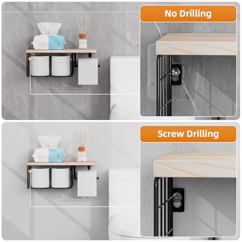 VITVITI Toilet Paper Holder with Shelf Wall Mounted Storage Basket, Natural | Farmhouse Wall Mount Toilet Paper Holder Shelves, Wood Metal Toilet Roll Wipes Holder for Bathroom - color: Natural