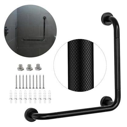 Black Angled Grab Bar 16x16 Inch, Stainless Steel Bathroom Grab Bar w/Anti-Slip Knurled Grip, Wall Mounted Bathtub Toilet Safety Handrail for Elderly Senior, L-Shaped Grab Bar for Shower | Black Bathroom Grab Bar for Senior Elderly, Stainless Steel Handic
