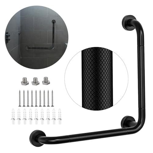 Black Angled Grab Bar 16x16 Inch, Stainless Steel Bathroom Grab Bar w/Anti-Slip Knurled Grip, Wall Mounted Bathtub Toilet Safety Handrail for Elderly Senior, L-Shaped Grab Bar for Shower | Black Bathroom Grab Bar for Senior Elderly, Stainless Steel Handic