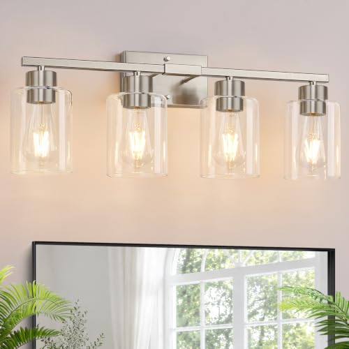 4-Light Brushed Nickel Bathroom Vanity Light with Clear Glass Shades - color: Brushed Nickel, size: 4-light
