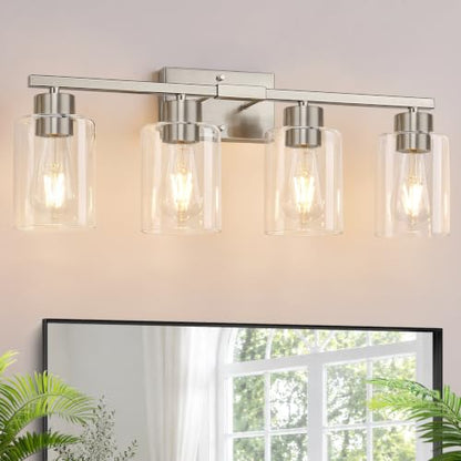4-Light Brushed Nickel Bathroom Vanity Light with Clear Glass Shades - color: Brushed Nickel, size: 4-light