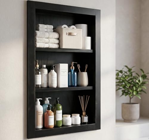 Shower Niche,14''x24'' Wood Recessed Wall Niche Medicine Cabinets 3-Tier | Bathroom Niche Wooden Shower Niche Black Niche Cabinets for Living Room Bathroom Storage - size: 3-Tier