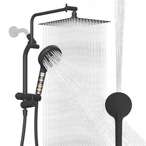 Metal 12" Rain Showerhead with 10-Spray Handheld, Easy Reach 4-way Diverter | Matte Black Finish, Upgraded High Pressure Shower Head with Pause Mode, 71" Stainless Steel Hose/12" Extension Arm - color: Matte Black, style: Square 12"
