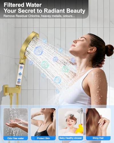 KOJOX Brushed Gold Dual Shower Head System – 11" Ceiling Rainfall + 6" Wall Mount Heads, 6-Mode Handheld Spray, Push-Button Diverter Faucet Set - color: Brushed Gold, size: 6''+11''