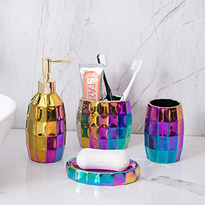 Rainbow Bathroom Accessory Set, Colorful/Gold Mosaic Ceramic Bathroom Accessories Sets Includes Lotion Dispenser, Toothbrush Holder Tumbler, and Soap Dish - color: Rainbow