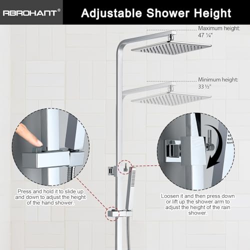 RBROHANT Polished Chrome Exposed Shower System with Tub Spout, Exposed Shower Fixtures for Bathroom with Brass 3-Functional Valve, Height Adjustable, Wall Mounted - color: Polished Chrome
