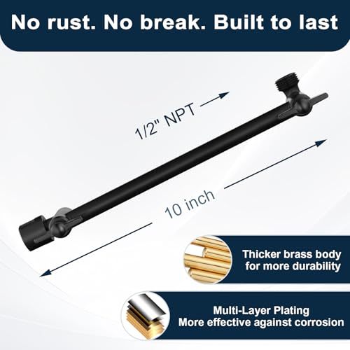 BRIGHT SHOWERS Shower Head Extension Arm with Locking Nut,Solid Brass 10 Inch Universal Shower Arm Extender for Rain and Handheld Showerhead, Height & Angle Adjustable, Matte Black - color: Matte Black, style: 10 Inch