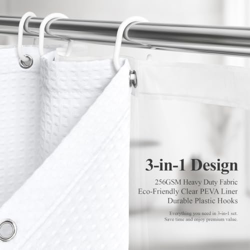 3 in 1 Waffle Shower Curtain Set with PEVA Liner 72Wx72H White | 256GSM Heavy Duty Fabric, Waterproof Clear Liner, Hotel Luxury Weighted Cloth Shower Curtains for Bathroom, 12 Plastic Hooks - color: A White, size: 72"W x 72"L (Pack of 1)