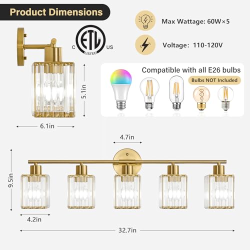 5 Light Bathroom Light Fixtures, Modern Crystal Vanity Lights over Mirror | Metal Frame, Bathroom Light with Square Crystal Shade, ETL Certified, E26 Ceramic Socket, Bulbs Not Included - color: Gold, size: 5-Light