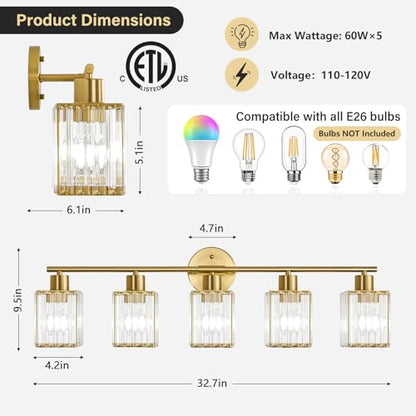 5 Light Bathroom Light Fixtures, Modern Crystal Vanity Lights over Mirror | Metal Frame, Bathroom Light with Square Crystal Shade, ETL Certified, E26 Ceramic Socket, Bulbs Not Included - color: Gold, size: 5-Light