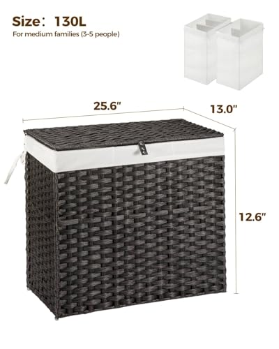 Greenstell Laundry Hamper with Wheels&Lid, 130L Large 3 Sections Clothes Hamper with 2 Types Removable Liner Bags, 5 Mesh Laundry Bags, Handwoven Divided Laundry Basket Black