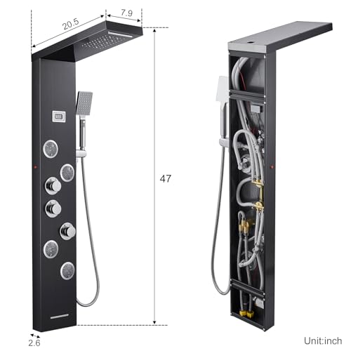 6-in-1 LED Shower Panel Tower System Stainless Steel Black | Rainfall + waterfall | 4 body jets | Handheld shower | Tub spout | LED display | Wall mount - color: Black