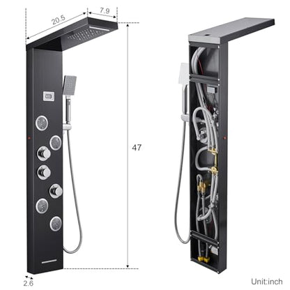 6-in-1 LED Shower Panel Tower System Stainless Steel Black | Rainfall + waterfall | 4 body jets | Handheld shower | Tub spout | LED display | Wall mount - color: Black
