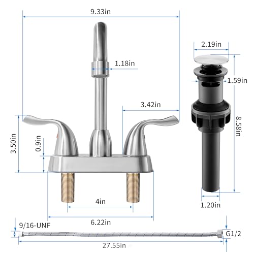2 Handle Brushed Nickel Bathroom Sink Faucet - 4 Inch Centerset Faucet Bathroom 2 or 3 Hole Lavatory Faucet Bathroom Vanity Sink Faucets with Pop-up Drain and Supply Lines - color: ‎Brushed Nickel