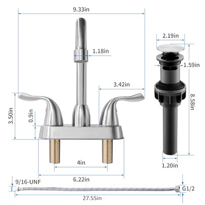 2 Handle Brushed Nickel Bathroom Sink Faucet - 4 Inch Centerset Faucet Bathroom 2 or 3 Hole Lavatory Faucet Bathroom Vanity Sink Faucets with Pop-up Drain and Supply Lines - color: ‎Brushed Nickel