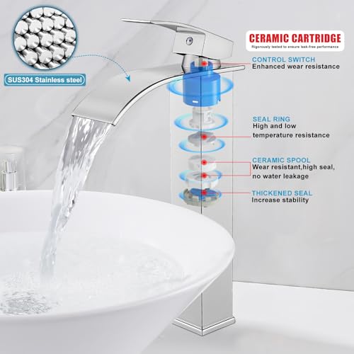Midanya Waterfall Tall Bathroom Vessel Sink Faucet,Polish Chrome | with 24” cUPC Water Hoses,Pop Up Drain without Overflow,for 1 hole Vanity,RV,Lavatory,Bowl,Farmhouse,SUS304,Single Handle - color: Chrome