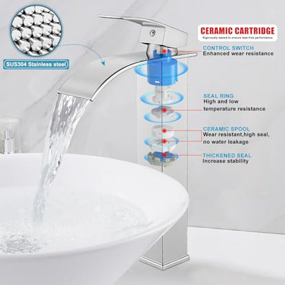 Midanya Waterfall Tall Bathroom Vessel Sink Faucet,Polish Chrome | with 24” cUPC Water Hoses,Pop Up Drain without Overflow,for 1 hole Vanity,RV,Lavatory,Bowl,Farmhouse,SUS304,Single Handle - color: Chrome