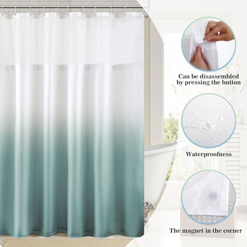 YI & ZE Teal Blue Waffle Weave Shower Curtain with Snap-in Liner, 72W x 72L | Slub Textured Heavy Fabric, Waterproof & Washable, Equipped with 12 Metal Hooks - color: Waffle Teal, size: 72"W x 72"L (Pack of 1)