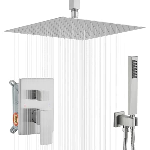 16 Inch Brushed Nickel Ceiling Mount Shower System Bathroom Luxury Rain Mixer Shower Combo Set Ceiling Rainfall Shower Head System Faucet Contain Rough-in Valve and Trim Included - color: Brushed Nickel, size: 16 Inch
