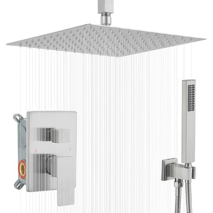 16 Inch Brushed Nickel Ceiling Mount Shower System Bathroom Luxury Rain Mixer Shower Combo Set Ceiling Rainfall Shower Head System Faucet Contain Rough-in Valve and Trim Included - color: Brushed Nickel, size: 16 Inch
