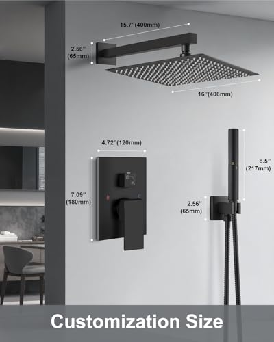 Aolemi Shower System with Rain Head and Handheld,16-Inch,Matte Black | High-Pressure Shower Faucet Set with Dual-Function Handheld,Rough-In Valve,1.8 GPM,Wall-Mount Trim Kit - color: Matte Black, size: 16 Inch