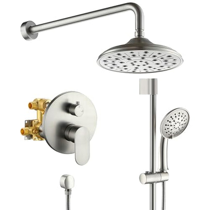 MONDAWE 8 Inch Wall Mounted Shower Faucet Set in Brushed Nickel, Rainfall Shower Head with 3-Setting Handheld Spray Shower Set Combo, High Pressure Shower System with Solid Brass Valve - color: Brushed Nickel, style: 8 IN - Without Tub Spout