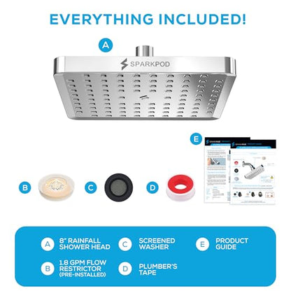 SparkPod Rain Shower Head, 8 Inch Square, Luxury Polished Chrome Finish | High Pressure Shower Heads, 90 Nozzles, Adjustable Showerhead, No Tools Needed, Universal Connection - color: Luxury Polished Chrome, style: 8 Inch Square