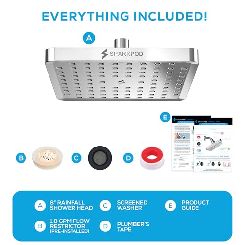 SparkPod Rain Shower Head, 8 Inch Square, Luxury Polished Chrome Finish | High Pressure Shower Heads, 90 Nozzles, Adjustable Showerhead, No Tools Needed, Universal Connection - color: Luxury Polished Chrome, style: 8 Inch Square