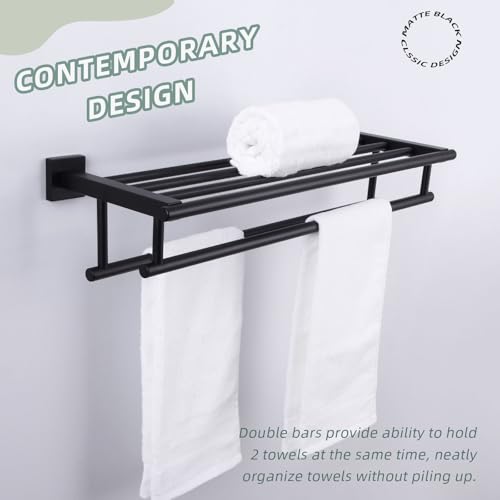 Angle Simple Bathroom Towel Shelf with Double Bar, Matte Black 23.62 Inches | Stainless Steel, 2-in-1 Versatile Bath Towel Holder Rack with Shelf, Ample Storage Space, Screw Mount - color: Matte Black, size: 23.62-Inch