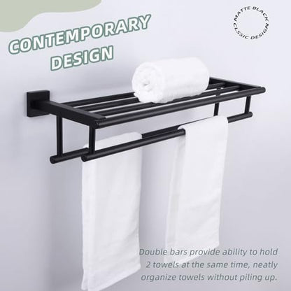 Angle Simple Bathroom Towel Shelf with Double Bar, Matte Black 23.62 Inches | Stainless Steel, 2-in-1 Versatile Bath Towel Holder Rack with Shelf, Ample Storage Space, Screw Mount - color: Matte Black, size: 23.62-Inch