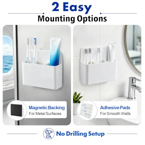 AgePlace 2 Pack Magnetic Toothbrush Holder for Cruise Ship Cabins,Wall Mounted Toothbrush Organizer with 3 Removable Dividers, Travel Must Haves, Cruise Essentials 2026 for Alaska & Caribbean Cruises - color: White