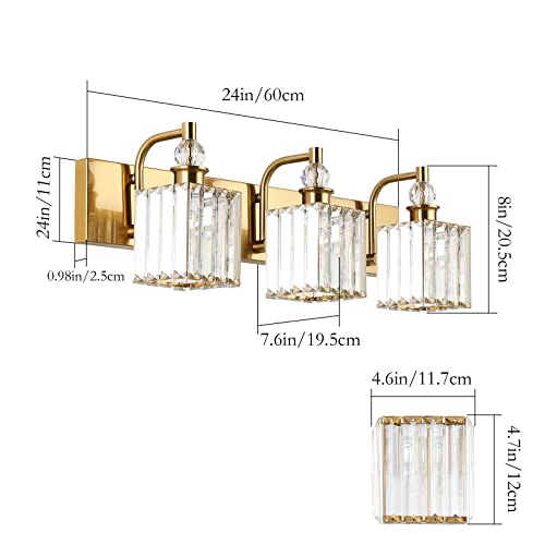 Ralbay Crystal Bathroom Vanity Lights 3-Lights 24'' Modern Crystal Gold Bathroom Lighting Fixtures Over Mirror - color: Square-Brass, size: 24 inch
