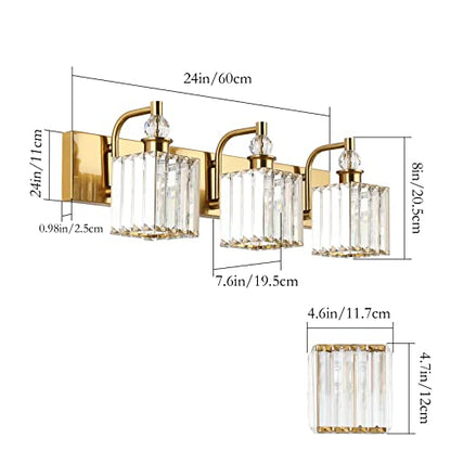 Ralbay Crystal Bathroom Vanity Lights 3-Lights 24'' Modern Crystal Gold Bathroom Lighting Fixtures Over Mirror - color: Square-Brass, size: 24 inch