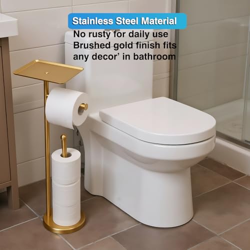 Gold Toilet Paper Holder with Shelf, Freestanding Tissue Holder Stand with Storage Space for Extra 4 Toilet Paper Rolls (Stainless Steel Base, Gold) - color: Gold