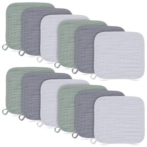 Baby Washcloths -100% Cotton Muslin Soft Baby Bath Wash Cloths and Absorbent Baby Wipes for Newborns Kids Girls and Boys - 12 Pack, 12x12 Inches - Grey, Green, Slate - color: Grey, Green, Slate, size: 12x12 Inch (Pack of 12)