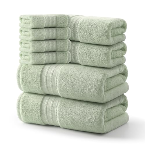 REDKISS Green Towel Set of 8-100% Cotton Luxury Bath Towels Set for Bathroom, 600 GSM Highly Absorbent Bathroom Towel with 2 Large Bath Sheet, 2 Hand, 4 Washcloths, Green Shower Towels for Dorm - color: Green