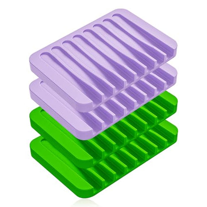 4-Pack Self Draining Soap Dish for Shower Bathroom Waterfall Silicone Soap Saver Tray Sponge Holder for Kitchen Sink Non-Slip Easy Clean (Purple and Green) - color: Purple and Green
