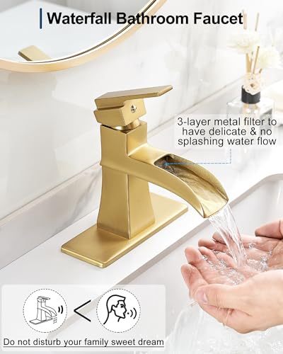 Brass Waterfall Faucet, Brushed Gold Bathroom Faucet, Single Handle for One Hole or 3 Holes 4 Inch with Pop-Up Drain, Pre-Installed Supply Hoses and Deck Plate for Vanity RV Farmhouse Modern - color: Brushed Gold
