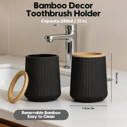 YAUKPH Bamboo Striped Toothbrush Holder | for Electric Toothbrushes Bathroom Organizer Cup for Toothpaste Kids & Adults Black - color: Black Bamboo