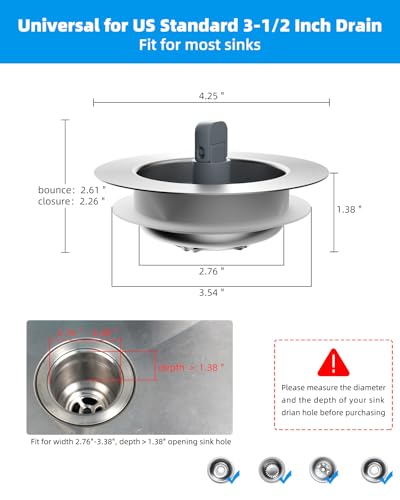Hibbent Upgraded 3 in 1 Kitchen Sink Drain Strainer and Stopper Combo, Stainless Steel Metal Pop Up Sink Stopper, Anti-Clogging Basket with Foldable Handle for US Standard 3-1/2 Inch Drain - style: Stainless Steel with 1 Strainer