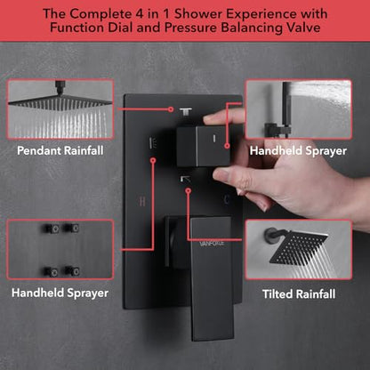 VANFOXLE Shower System, Matte Black Shower Faucet Set, Four Modes | 10 Inch Ceiling Mount Head Increased Thick, 6 Inch Second Head, 2-in-1 Handheld Combo, 4 PCS Dual Mode Body Jets, Brass Valve - color: Matte Black
