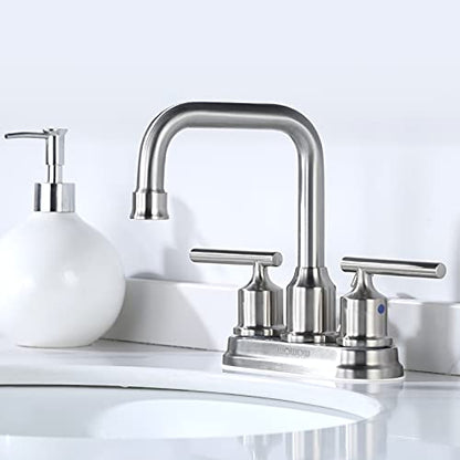 WOWOW Centerset Bathroom Faucet Brushed Nickel: 4 Inch Bathroom Sink Faucets with Lift Rod Drain Assembly Vanity Faucet 2 Handle High Arc Taps Modern - color: Brushed Nickel, style: Centerset - 4 Inch