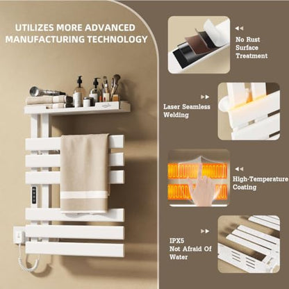 Smart Heated Towel Racks for Bathroom,Electric Towel Warmer Rack App & Voice Control,WiFi Heated Towel Bar Wall Mounted,Towel Warming Rack with Top Shelf and Led Timer,Flat Widen 6 Bar,White - color: White