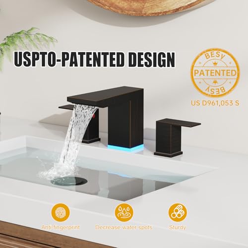 BESy LED Oil Rubbed Bronze Square Bathroom Faucets 3 Hole Waterfall 8 Inch Widespread with 3 Colors Light Changing Sink Faucet with Pop-up Drain, Supply Lines 2 Handles for Vanity, Lavatory, Restroom - color: Oil Rubbed Bronze