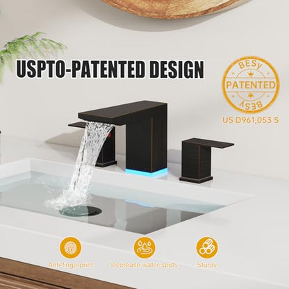 BESy LED Oil Rubbed Bronze Square Bathroom Faucets 3 Hole Waterfall 8 Inch Widespread with 3 Colors Light Changing Sink Faucet with Pop-up Drain, Supply Lines 2 Handles for Vanity, Lavatory, Restroom - color: Oil Rubbed Bronze
