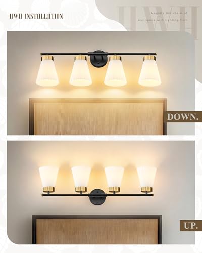 4-Light Bathroom Light Fixture, HWH 32 Inch Vanity Lights Over Mirror, Modern Sconce Wall Lighting with Frosted Milk White Striped Glass, Black and Gold Finish, 5HZG97B-4W BK+BG - color: Black and Gold, size: 4-Light
