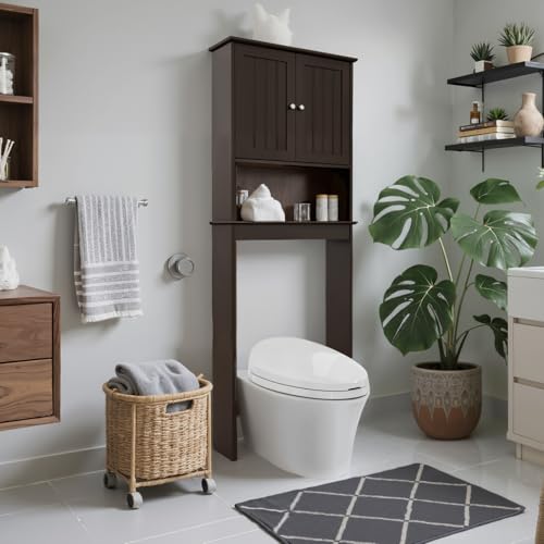 Over Toilet Storage Cabinet with Barn Door & Adjustable Shelves | 24 Inch Wide Bathroom Organizer, Space-Saving, Sturdy Wood, Anti-Tipping, Easy Assembly, for Restroom, Laundry, Small Spaces - color: Brown-silver