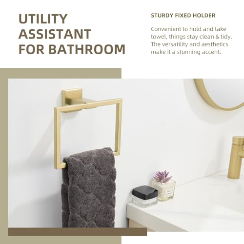 Angle Simple Towel Ring Brushed Gold, Square Hand Towel Holder, 7.09 Inches | Solid SUS304 Stainless Steel, Suitable for Bathroom Kitchen Laundry, Screws Wall Mount for Extra Sturdiness - color: Brushed Gold
