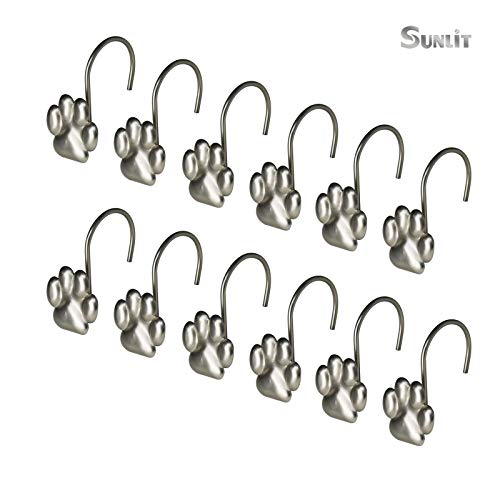 Sunlit Fashion Design Cute Paw Print Polished Shower Curtain Hooks for Dog Cat and Bear, Rust Proof Oil Rubbed Metal Shower Curtain Rings-12 Pack - color: Silver
