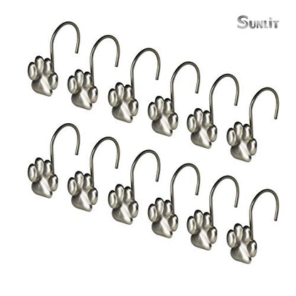 Sunlit Fashion Design Cute Paw Print Polished Shower Curtain Hooks for Dog Cat and Bear, Rust Proof Oil Rubbed Metal Shower Curtain Rings-12 Pack - color: Silver
